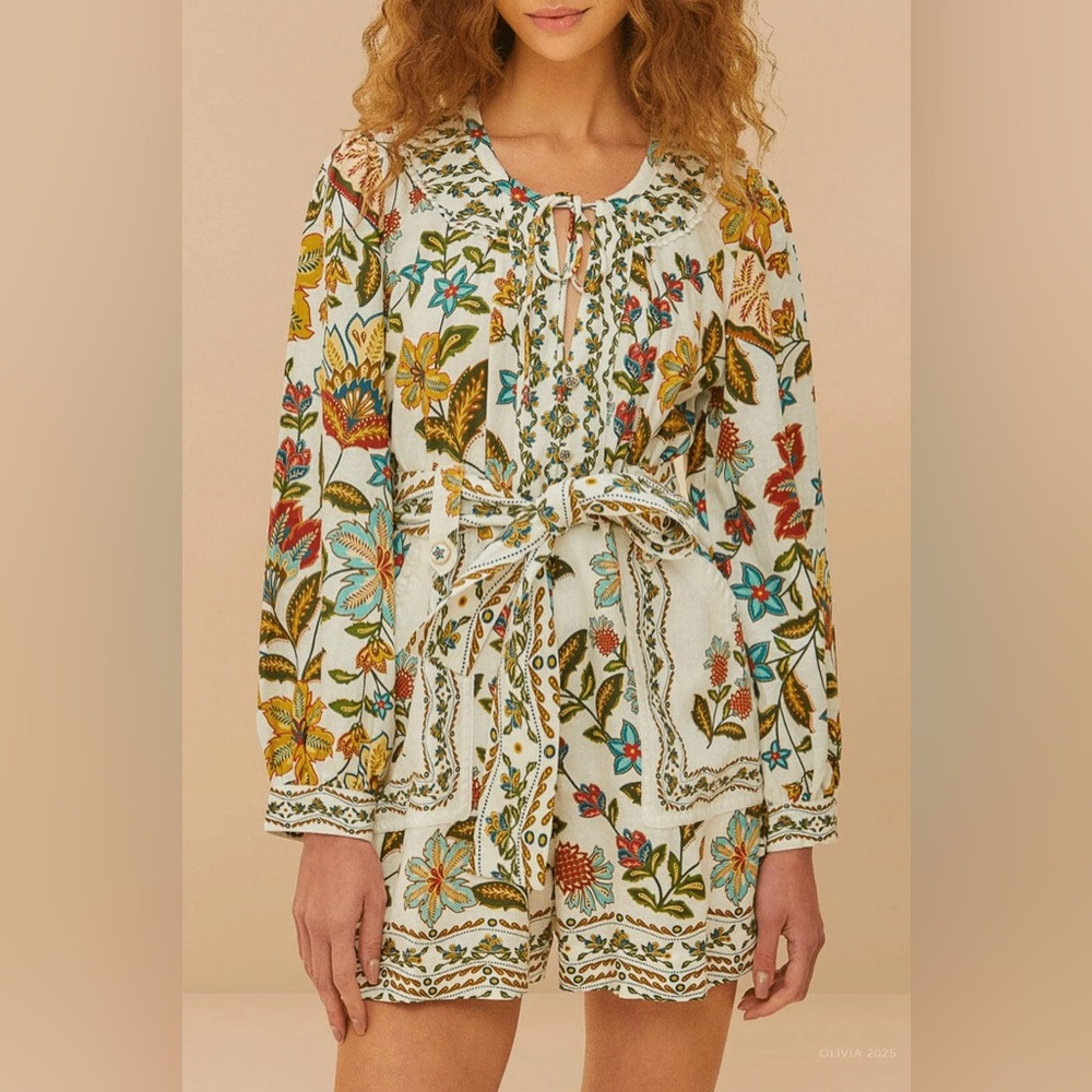 FARM Rio Floral Tie-Waist Romper in Cream with Turquoise, Mustard & Red Accents